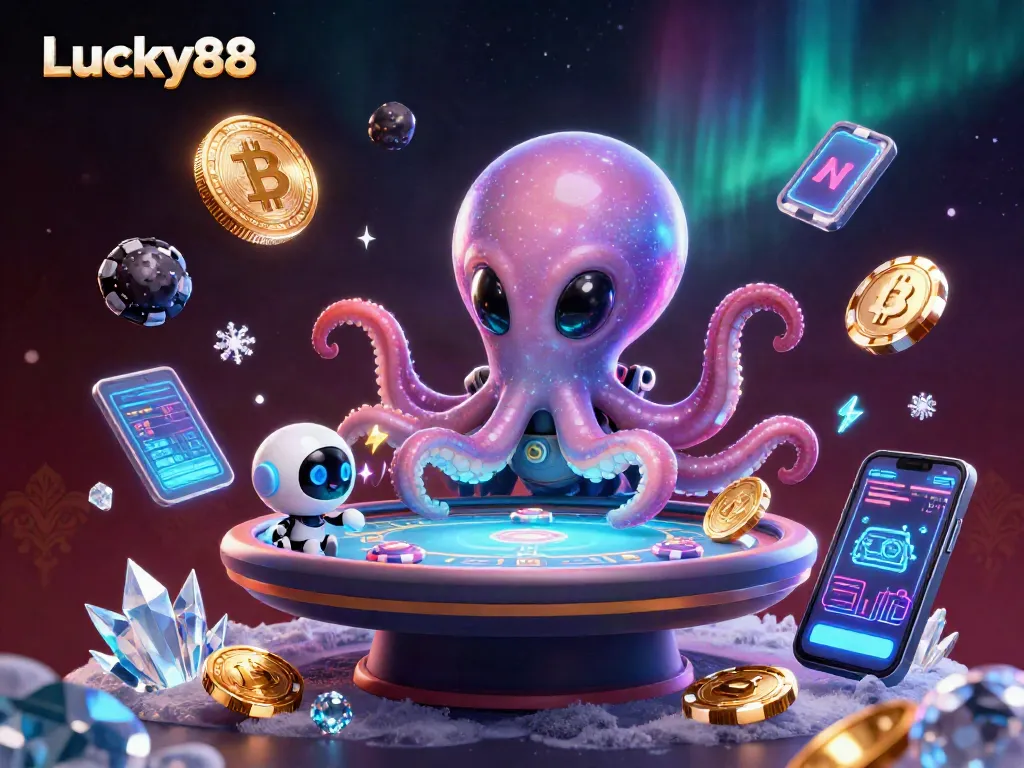 Experience Lucky88's thrilling gameplay as an octopus engages in poker amidst cosmic elements.