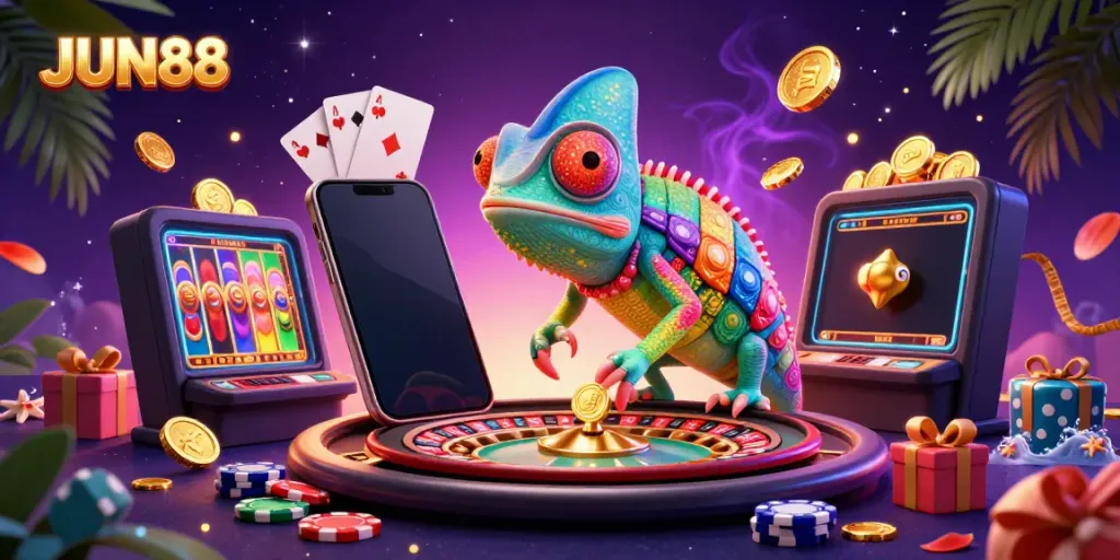Engage with JUN88's vibrant casino world showcasing dynamic games, golden coins, and a colorful chameleon host.