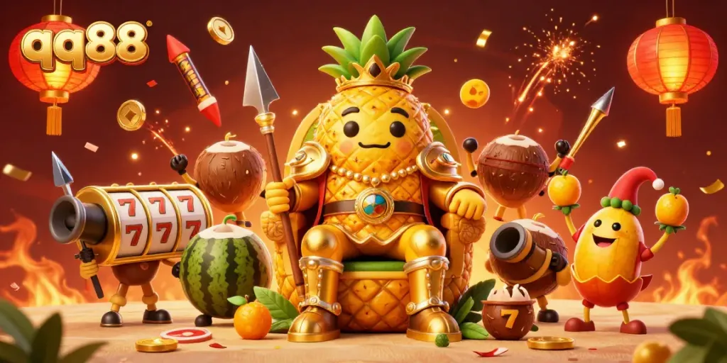 Experience the vibrant world of qq88 with a golden pineapple king and playful jester surrounded by gaming elements.