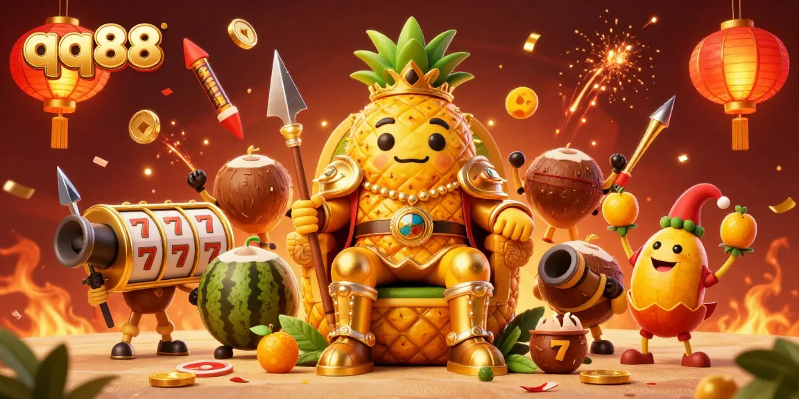 Experience the vibrant world of qq88 with a golden pineapple king and playful jester surrounded by gaming elements.