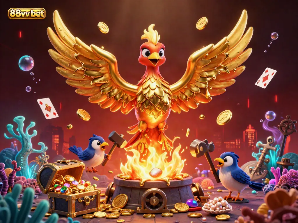 Experience the thrill of 88vv bet with a golden phoenix symbolizing jackpot wins in this vibrant 3D illustration.