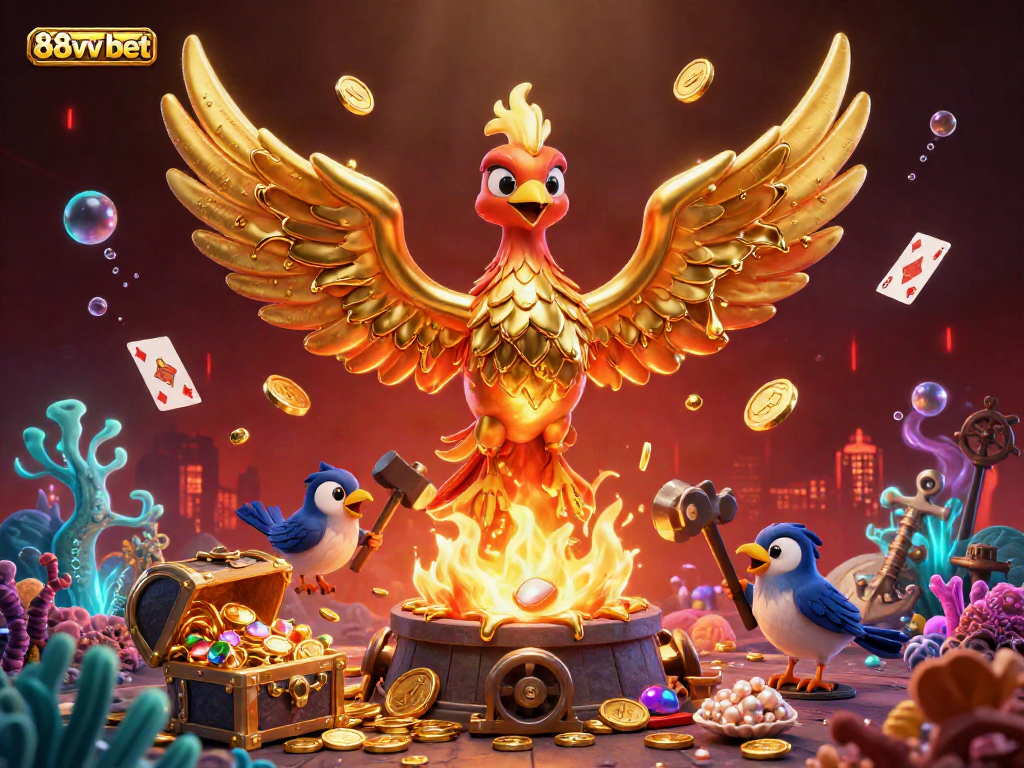 Experience the thrill of 88vv bet with a golden phoenix symbolizing jackpot wins in this vibrant 3D illustration.