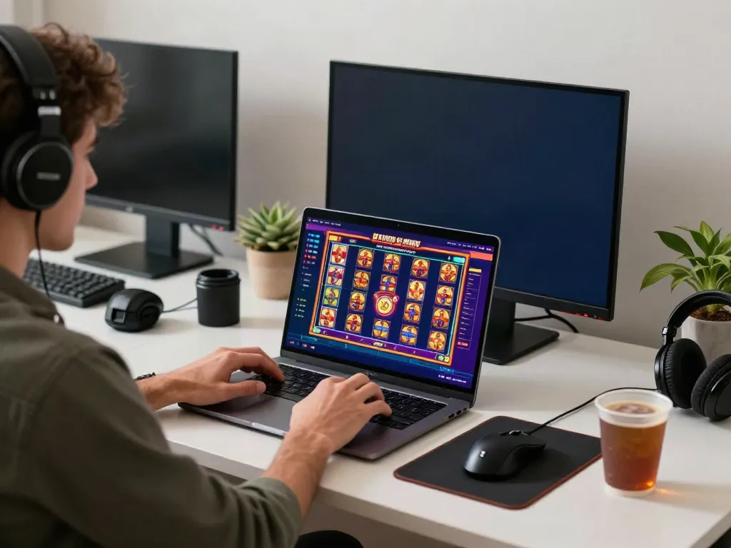 Player enjoying slots on a laptop at home, exploring options not on gamstop.