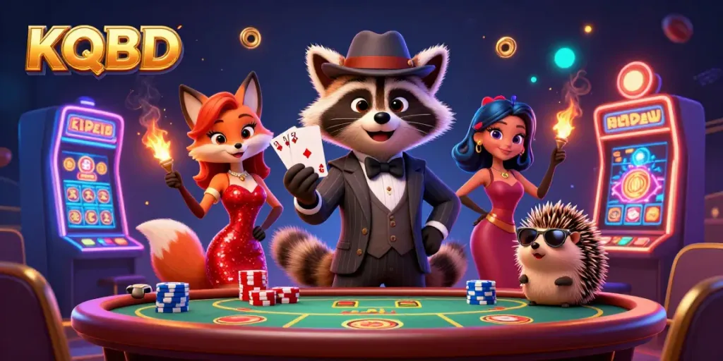 Engage with KQBD for thrilling casino games, featuring a suave raccoon, fox, and bouncer at a lively poker table.