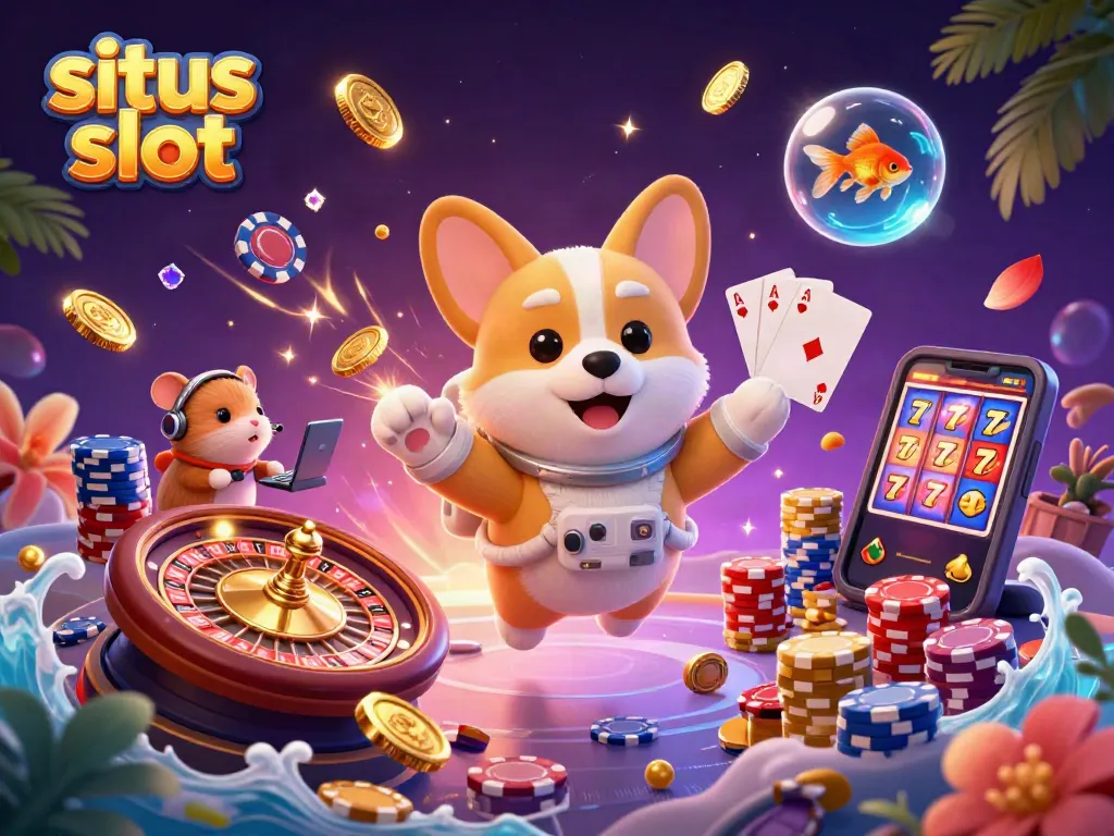 Experience thrilling gameplay at situs slot with floating coins, colorful chips, and slot reels in a vibrant casino scene.