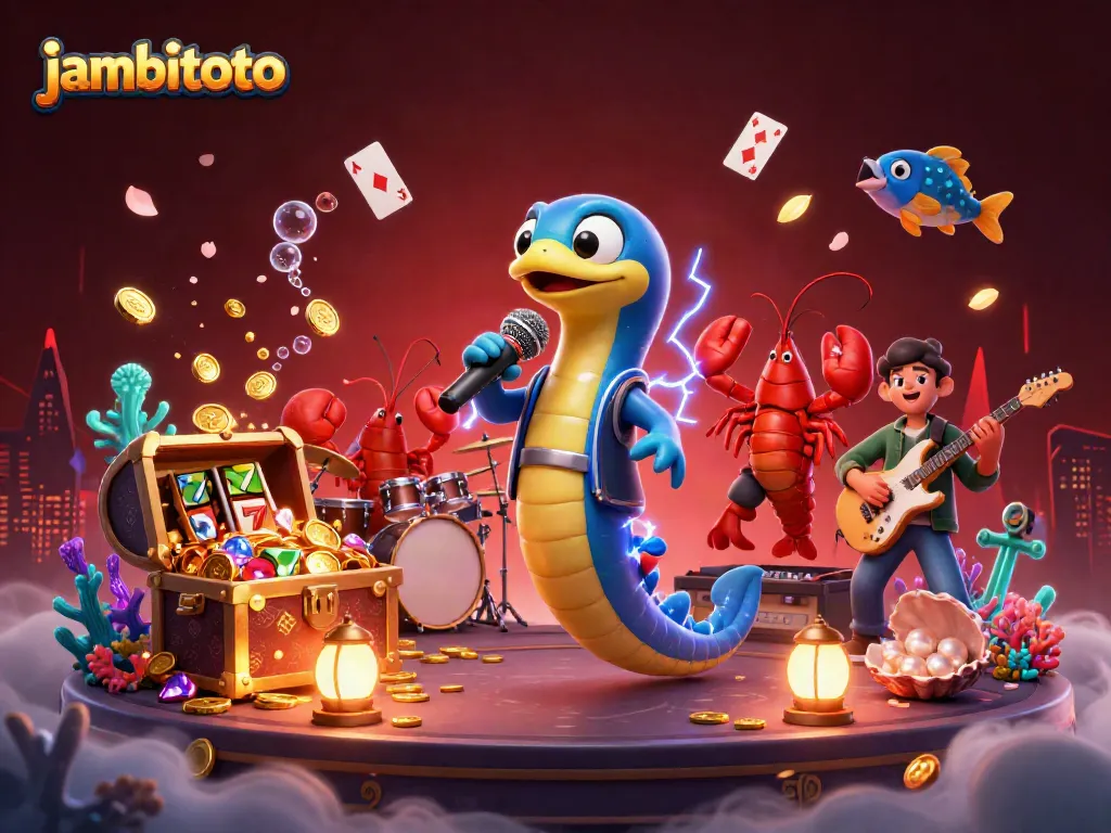 Engage with jambitoto's vibrant underwater casino scene featuring electric eel DJ and dynamic game elements.
