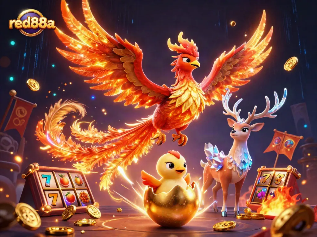 Play thrilling games with red88a, showcasing a phoenix and casino elements in dynamic 3D art.