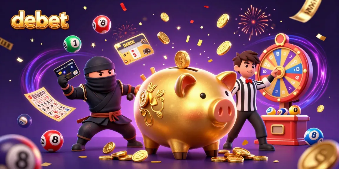 Debet casino illustration with a golden piggy bank sumo wrestler amidst vibrant game elements, promoting online gaming