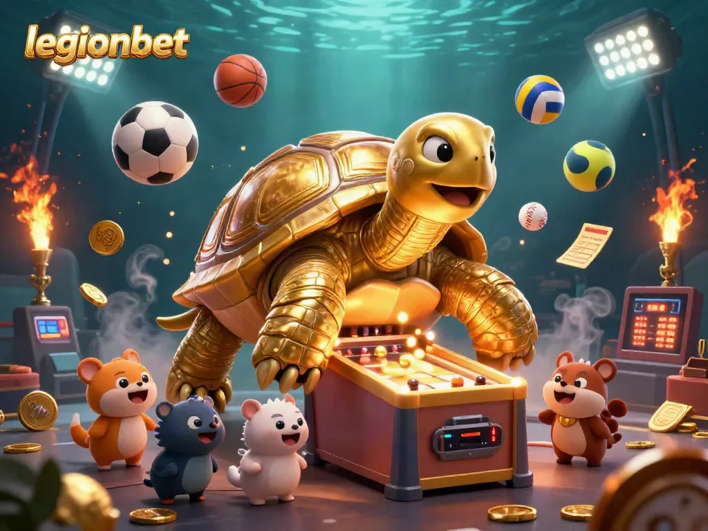 Play exciting games at legionbet with a golden tortoise pinball machine amidst vibrant sports elements.