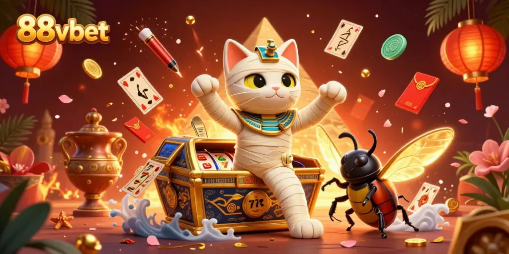 Engage with 88vbet's thrilling casino adventures featuring a vibrant Egyptian mummy cat and lucky charms.