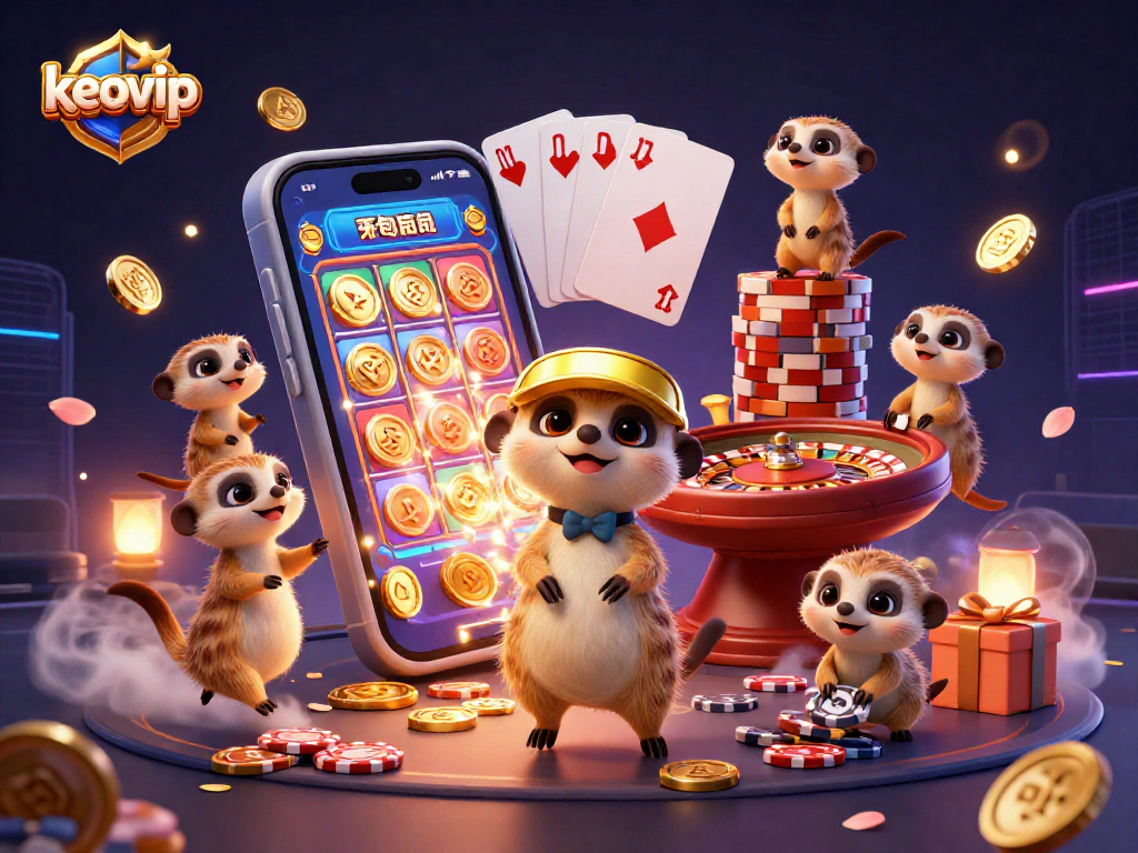 Engage with keovip and witness meerkats crafting a lively casino scene filled with slots and chips.
