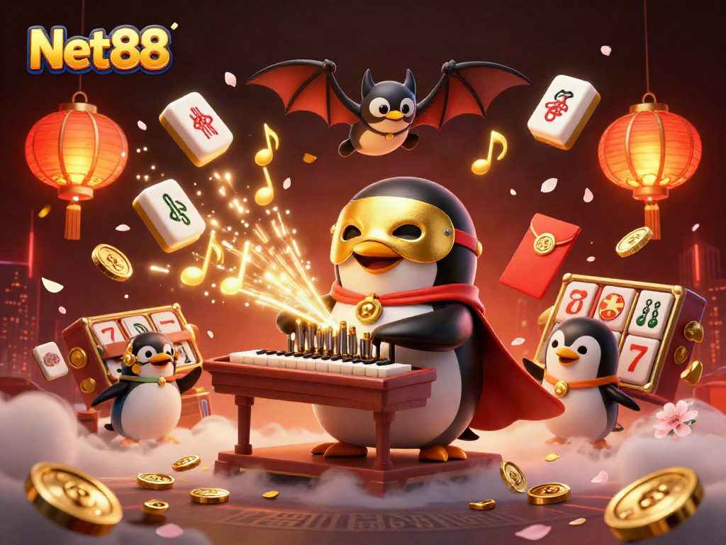 Experience the excitement of Net88 with a vibrant 3D casino scene, featuring a penguin organist and dynamic gaming elements.