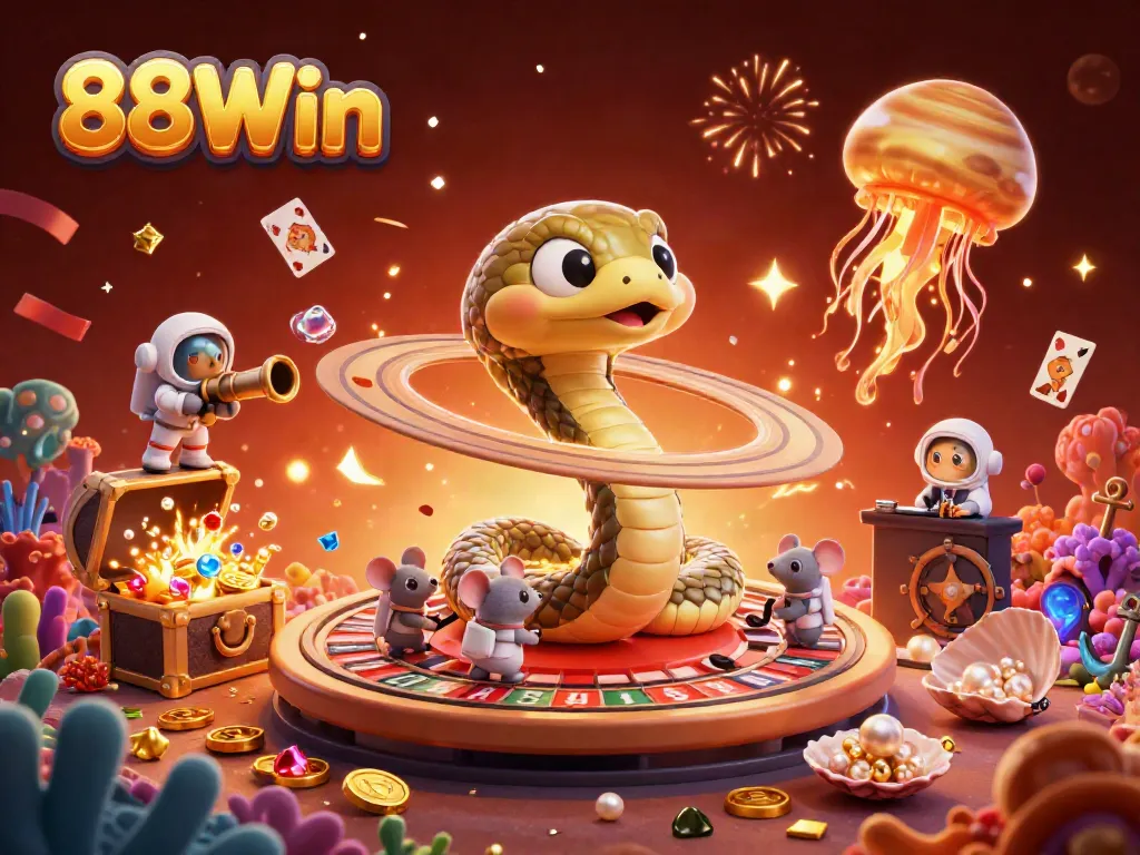 Experience thrilling bets at 88Win with a vibrant cosmic casino scene featuring playful astronaut mice.