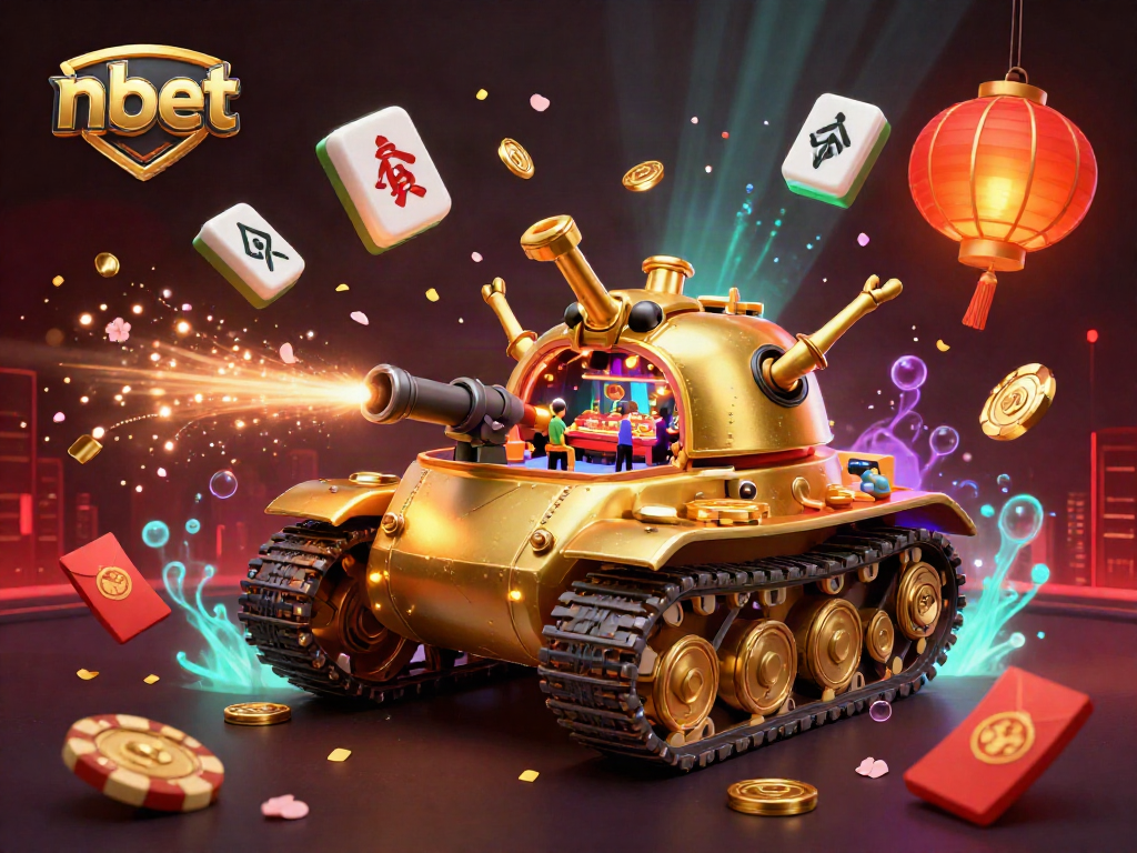 Engage in thrilling nbet gameplay with a golden beetle tank revealing a casino inside amid vibrant 3D elements.