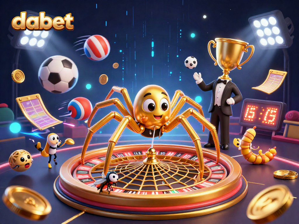 Engage with dabet’s thrilling gaming experience featuring a golden roulette wheel and animated characters.
