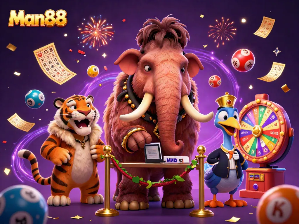 Man88 showcases vibrant casino energy with a 3D woolly mammoth checking IDs amid colorful lottery elements.