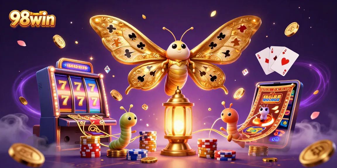 Spin the reels at 98win with vibrant casino scenes, golden treasures, and exciting games.