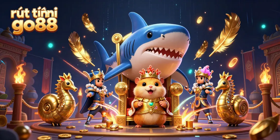 Experience rút tiền go88 with a dynamic illustration featuring a golden hamster king and mythical creatures in a casino scene.