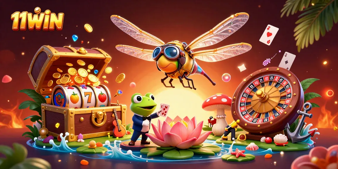 Experience thrilling games at 11WIN with vibrant casino illustration, featuring a dragonfly pilot and a frog croupier.