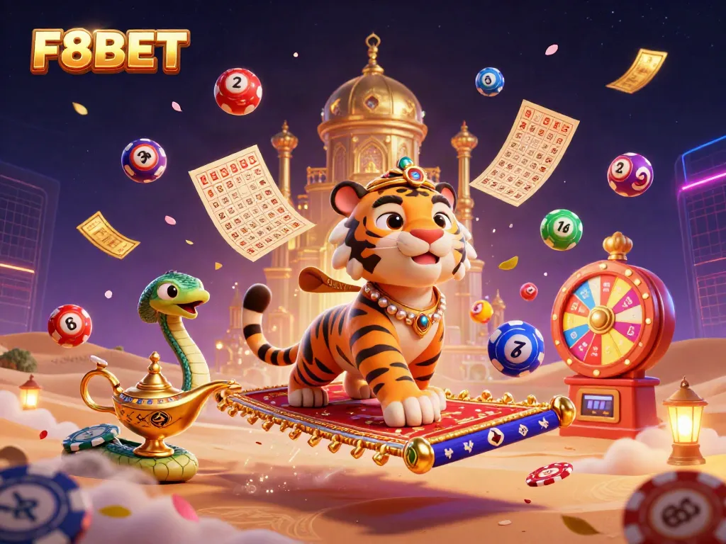Engage in thrilling gaming adventures with F8BET's vibrant casino elements and characters.
