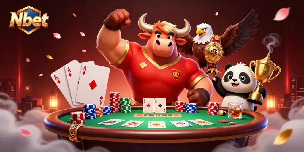 Nbet captivates with a victorious bull mascot and eagle, lively poker scene filled with chips