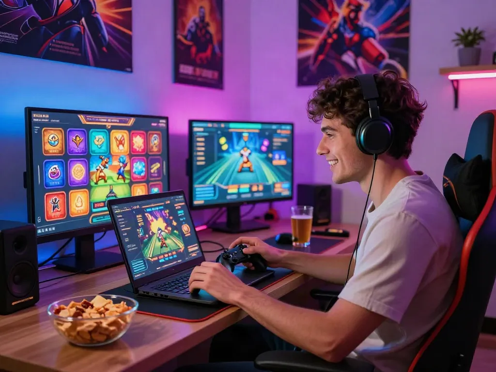Excited gamer enjoying gameplay on a laptop, representing casinos not on gamstop