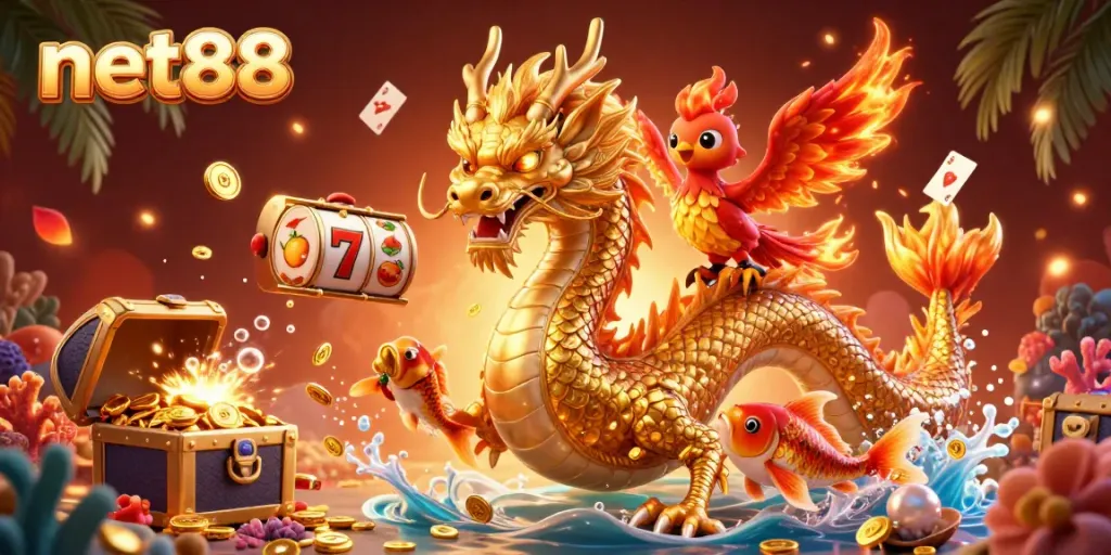 Win big with net88's vibrant casino scene featuring dragon and koi elements, perfect for gamblers.