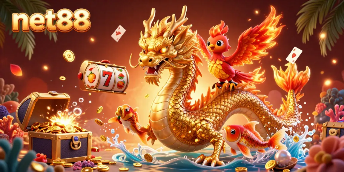 Win big with net88's vibrant casino scene featuring dragon and koi elements, perfect for gamblers.