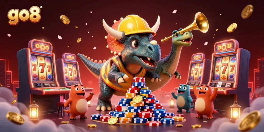Celebrate at go8 with a triceratops and parasaurolophus amidst vibrant casino action.
