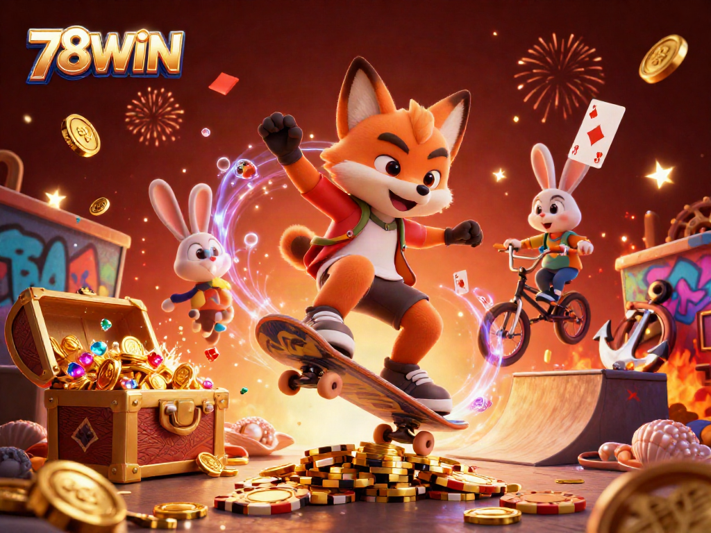 Engage in thrilling casino adventures with 78WIN, featuring a dynamic scene of a fox, BMX rabbit, and vibrant casino elements.