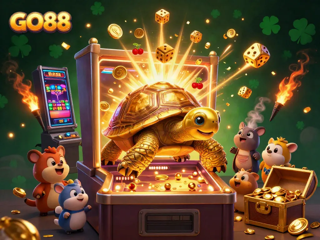 Experience thrilling gameplay at GO88 with this vibrant illustration of a golden tortoise and slot machines.