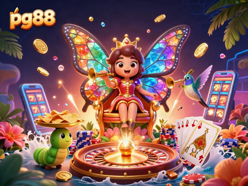 Experience exciting gameplay at pg88 with a vibrant butterfly queen amidst casino elements and golden prizes.