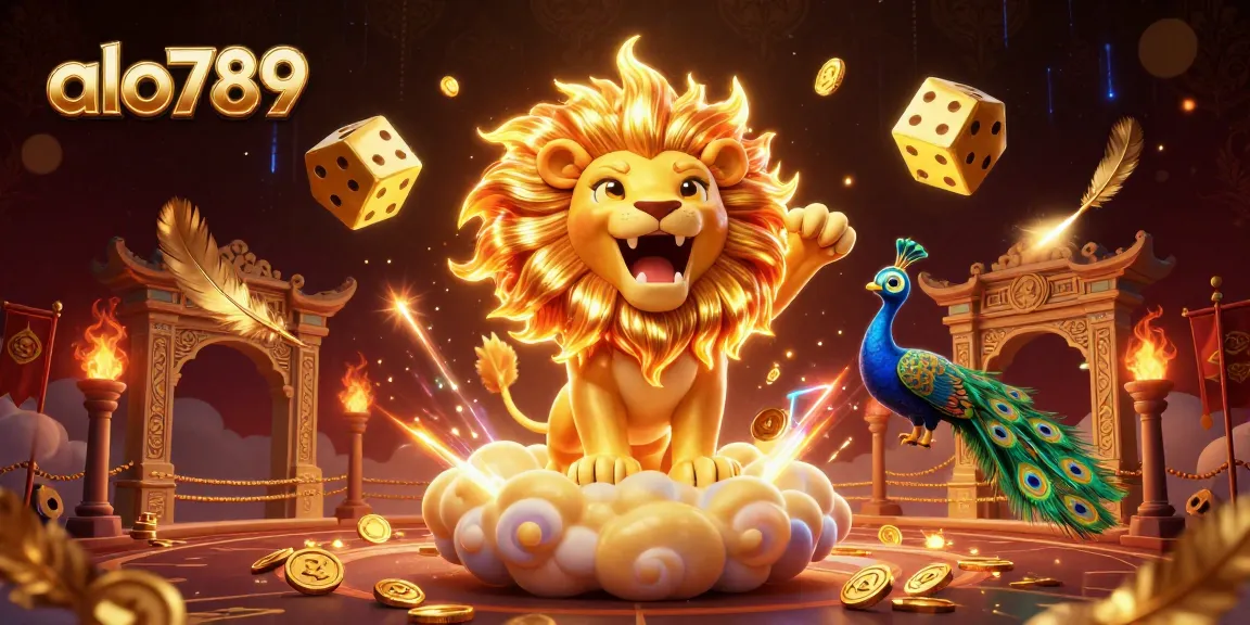 Join the excitement with alo789 in this vibrant 3D scene featuring thrilling gambling elements and a triumphant lion.