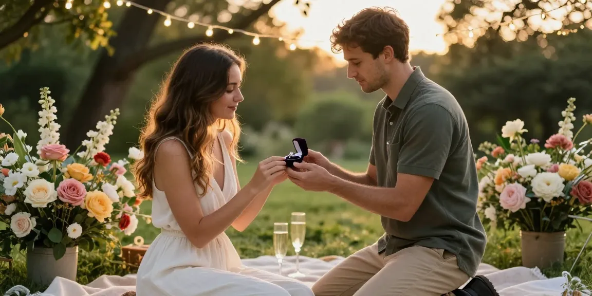Proposing with a marquise diamond engagement ring in a romantic garden setting under fairy lights.