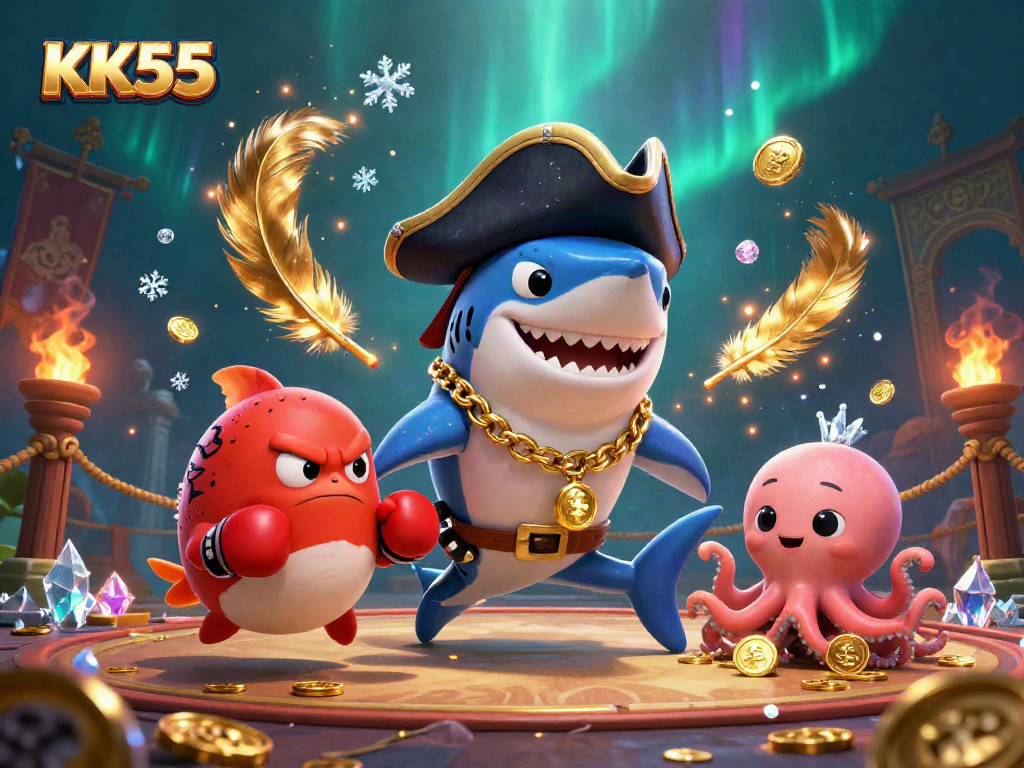 Engage in thrilling gameplay at KK55, featuring dynamic characters and vibrant gold coin elements in a fun casino setting.