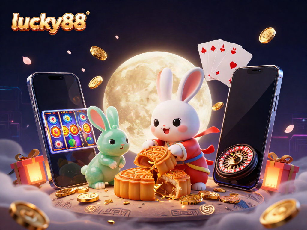 Engage with lucky88 by exploring an enchanting lunar rabbit-themed casino scene filled with vivid gaming elements.