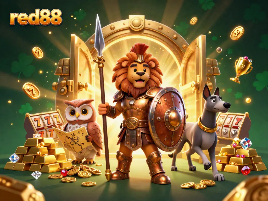 Engage with exciting gameplay at red88, where a Spartan lion protects golden jackpots amidst treasure.