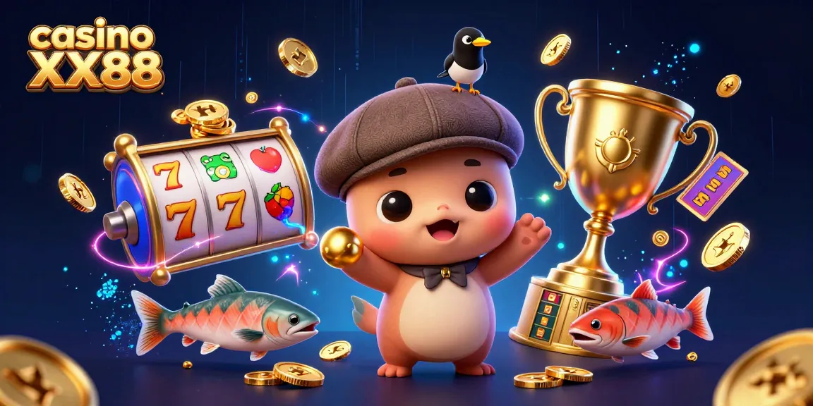 Experience thrilling wins at casino XX88 with playful Nessie, golden trophies, and spinning slots.