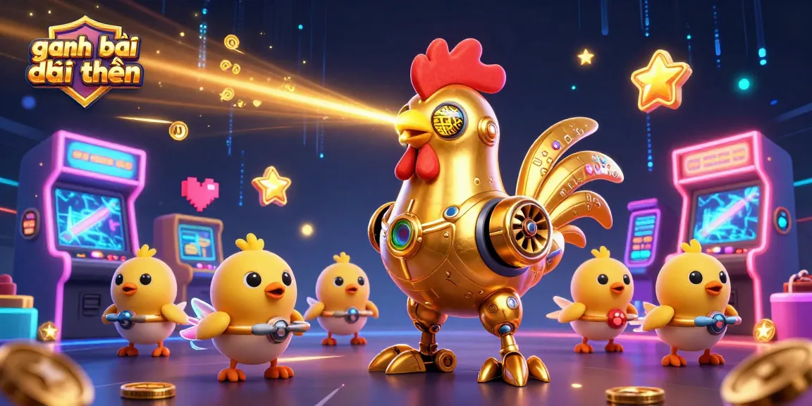 Experience thrilling action with game đánh bài đổi thưởng as a golden rooster robot and baby chick drones in a vibrant casino scene.