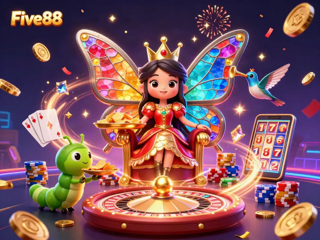 Five88 captivates with a 3D cartoon illustration showcasing a butterfly queen amidst casino games, evoking excitement.