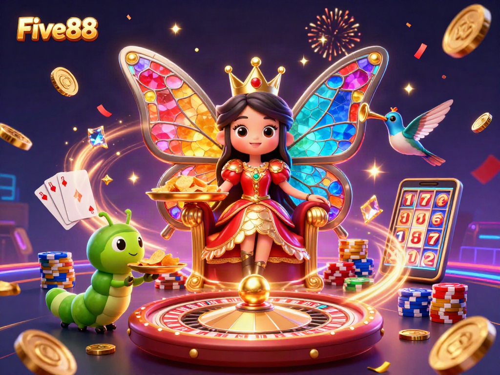 Five88 captivates with a 3D cartoon illustration showcasing a butterfly queen amidst casino games, evoking excitement.