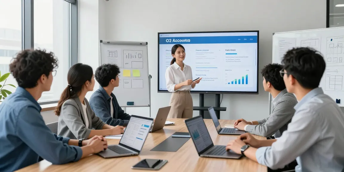 Team discussing O2 account business features in a modern office.
