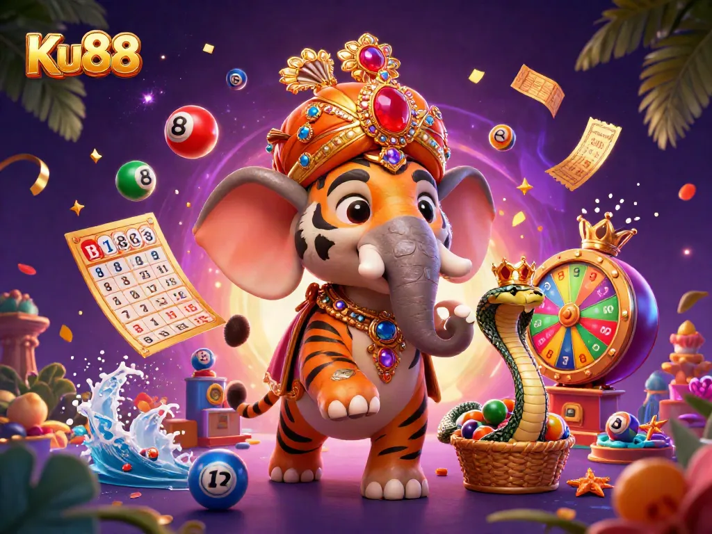 Engage with Ku88's vibrant gaming universe, featuring a jewel-encrusted elephant and dynamic lottery elements.