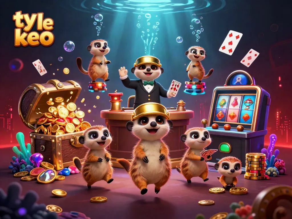Meerkats engaging in lively casino action while monitoring ty le keo, showcasing vibrant colors and casino elements.