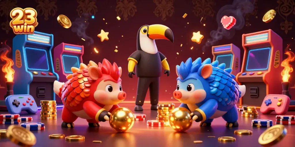 Experience the excitement of 23 win with rival pangolins bowling through poker chips in a vibrant casino scene.