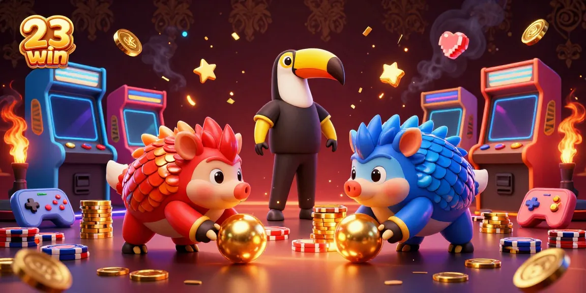 Experience the excitement of 23 win with rival pangolins bowling through poker chips in a vibrant casino scene.