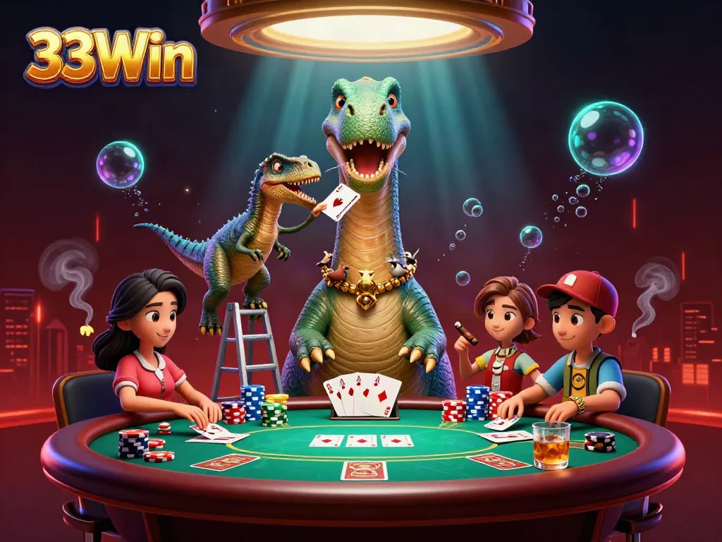 Experience the thrill of gaming with 33Win, as animated dinosaurs engage in a vibrant casino setting.