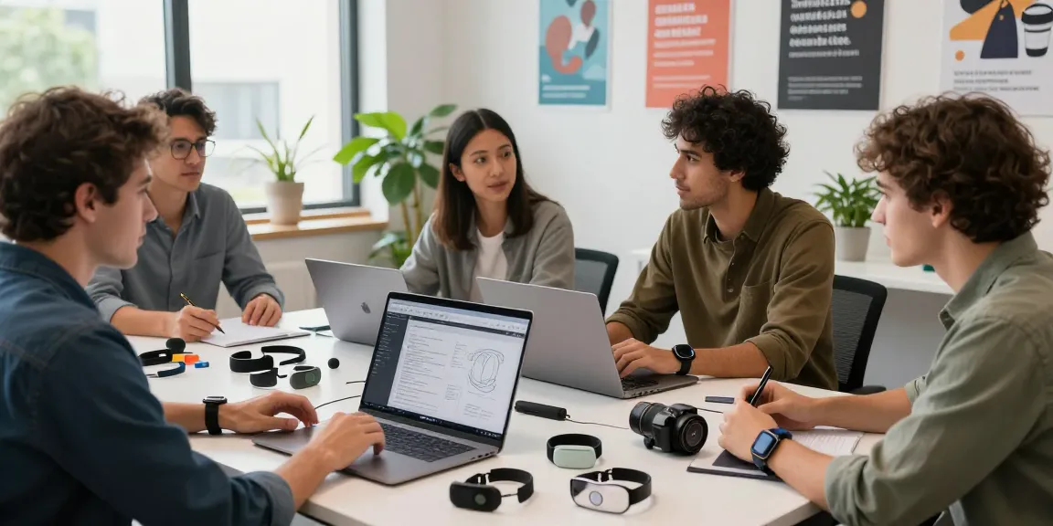 Collaborative team working on AI wearables technology in a modern office.
