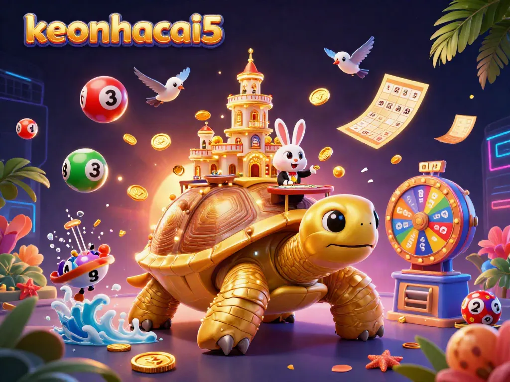 Engage with keonhacai5 through this vibrant 3D scene showcasing golden tortoise and exciting game elements.