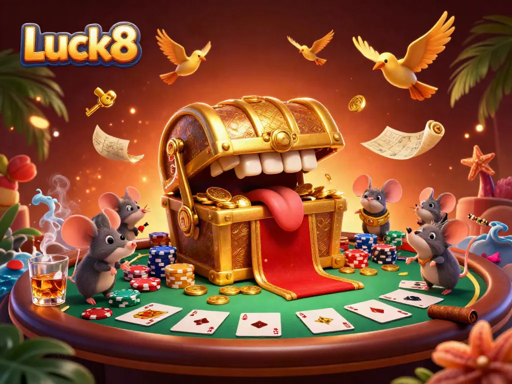 Luck8 showcases a vibrant casino scene with a treasure chest drawing in adventurous mice, poker elements, and dynamic game action.